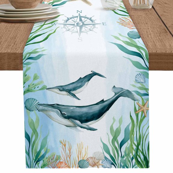 nqOlkjepod Whale Coastal Table Runner 48 Inches Long Farmhouse Dress Scarves, Summer Beach Nautical Starfish Compass Dining Tablerunner for Coffee Table/Kitchen Island/Party Décor, 13" x 48"