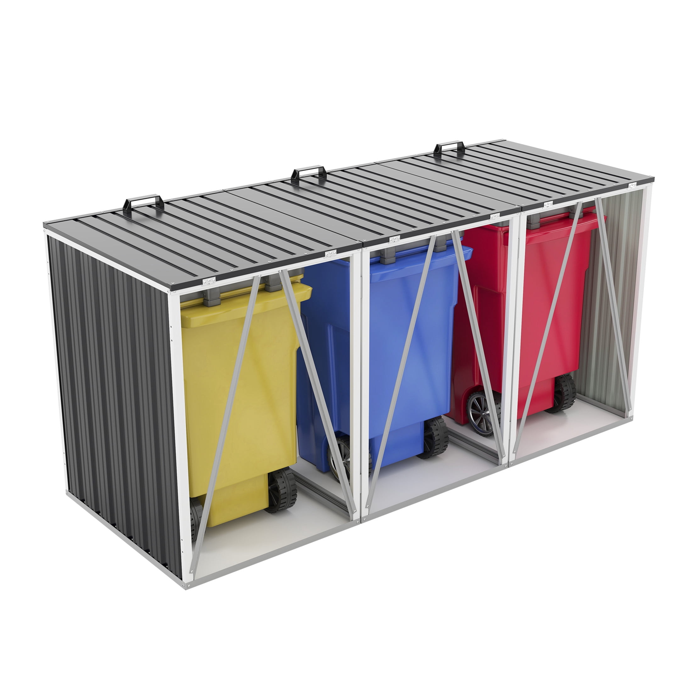 Noble House Outdoor Garbage Bin Shed for 3 Trash Cans, Lockable Galvanized Steel Garbage Bin Enclosure, Dark Gray