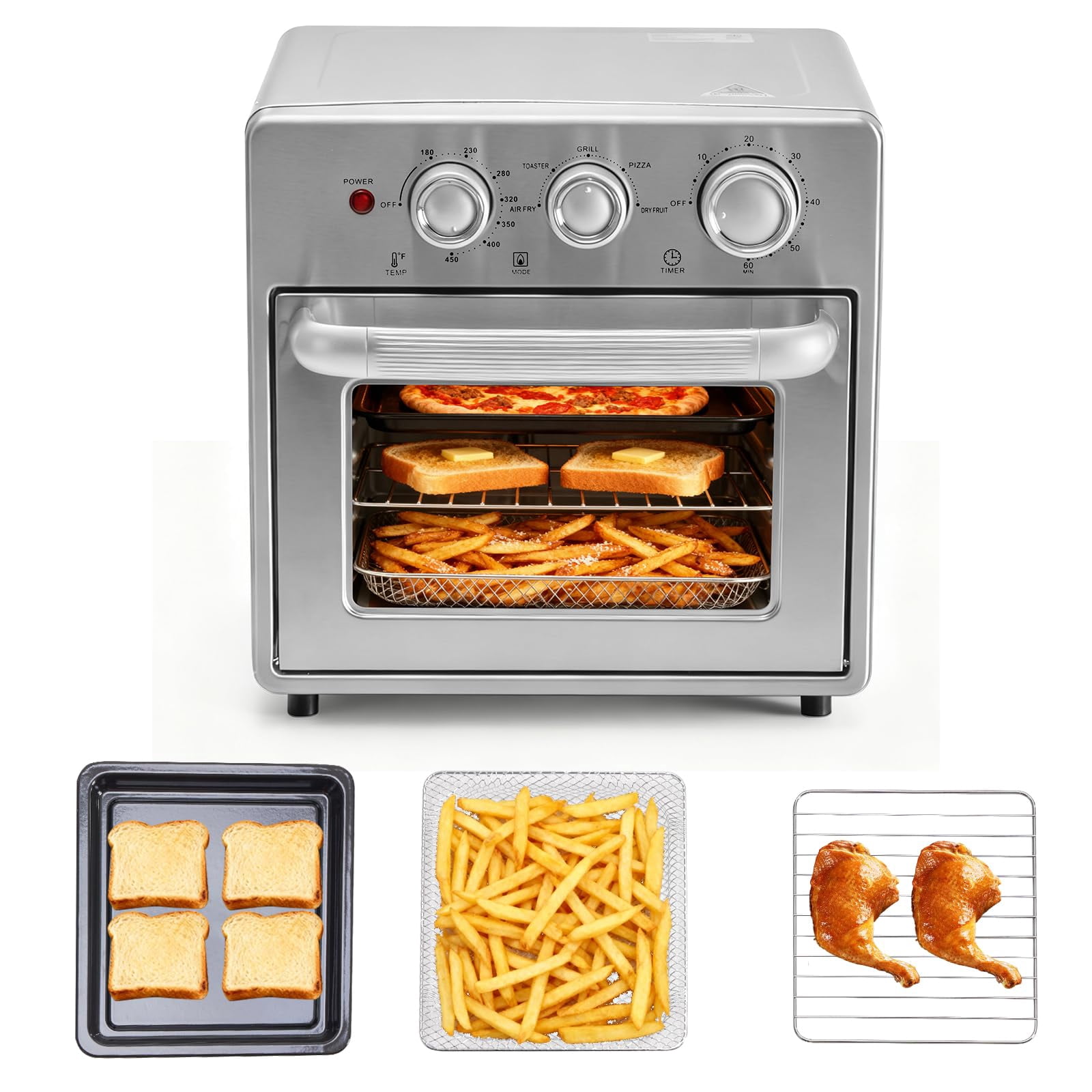 LIFERECORD 16.9QT Air Fryer Toaster Oven Combo, 5-in-1 Countertop Convection Oven with 60-Min Timer, 4 Accessories, Stainless Steel, Up to 450°F for Baking, Roasting & Air Frying