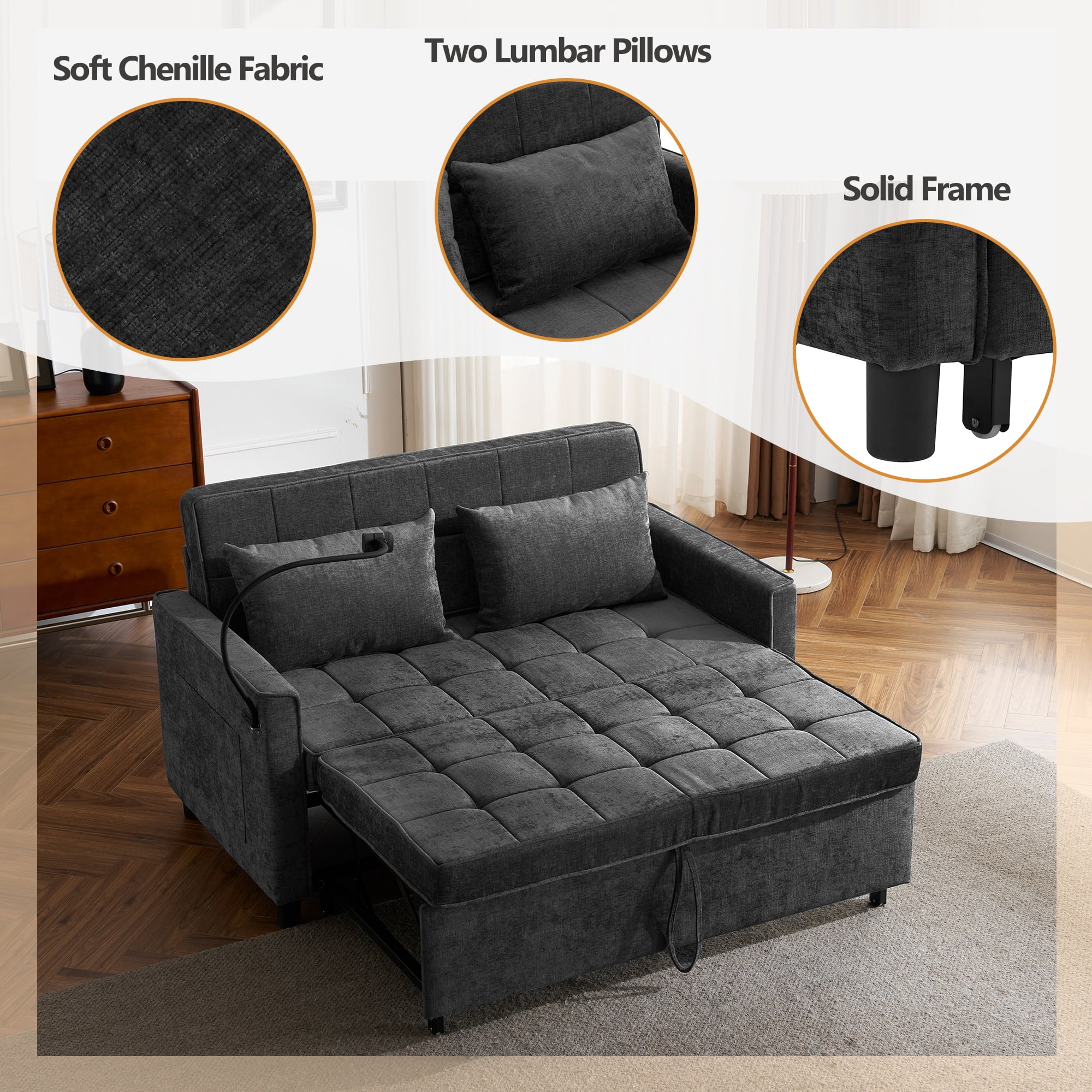 Euroco 56.9" Loveseat Sofa Pull-out Sofa Bed Sleeper Sofa with a Reversible Backrest Cushion, Side Pockets, Two USB Ports and a Phone Holder for Living Room, Black