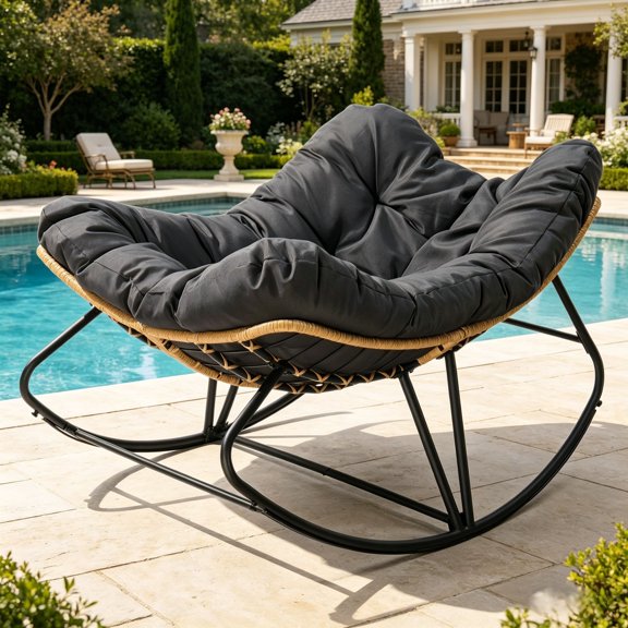 UBesGoo Oversized Papasan Rocking Chair, 35.8x48x30.7 in, Indoor Outdoor Patio Garden Egg Lounge Chair with Cushion, Dark Gray