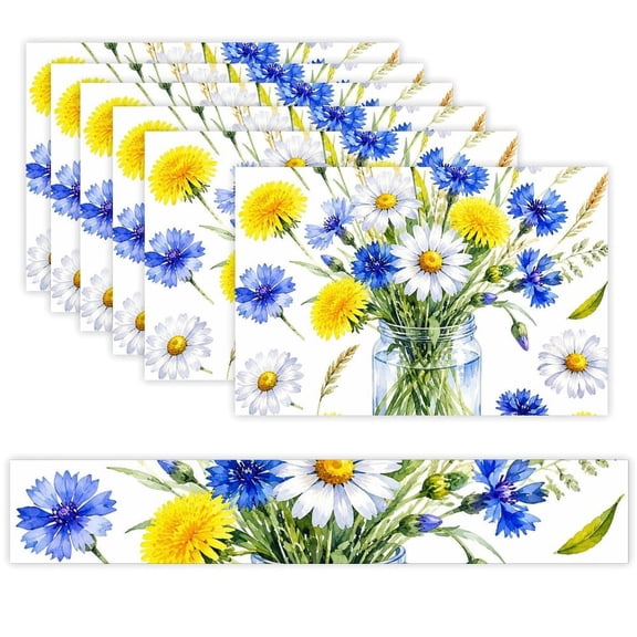 7 Piece Linen Table Runner and Placemats Set, Watercolor Meadow Flowers in Glass Jar Round Corner Heat Resistant Washable Table Mats for Home Kitchen Dining Party Decoration