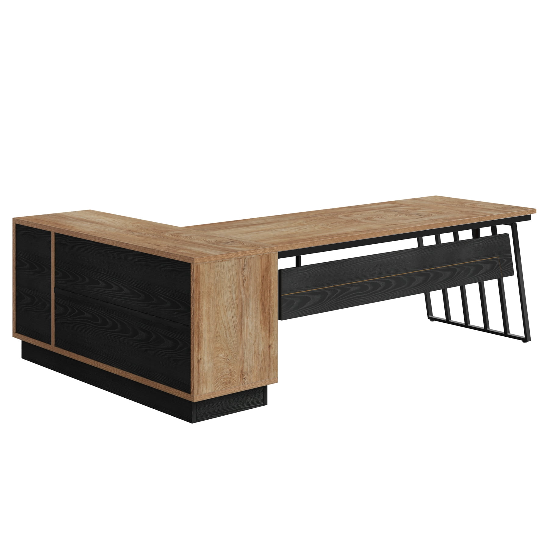 Fnova 71" L-Shaped Executive Desk with Storage Drawers and Open Shelves, Industrial Office Desk Writing Desk with File Cabinet, Spacious Corner Computer Desk for Home Office