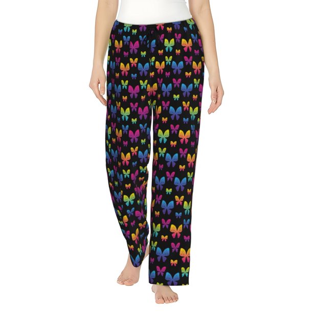Fotbe Rainbow Butterfly Pantalones de Pijama para Mujer, Pantalones de Dormir, Pantalones Pj con Cordón y Bolsillos-3X-Large
