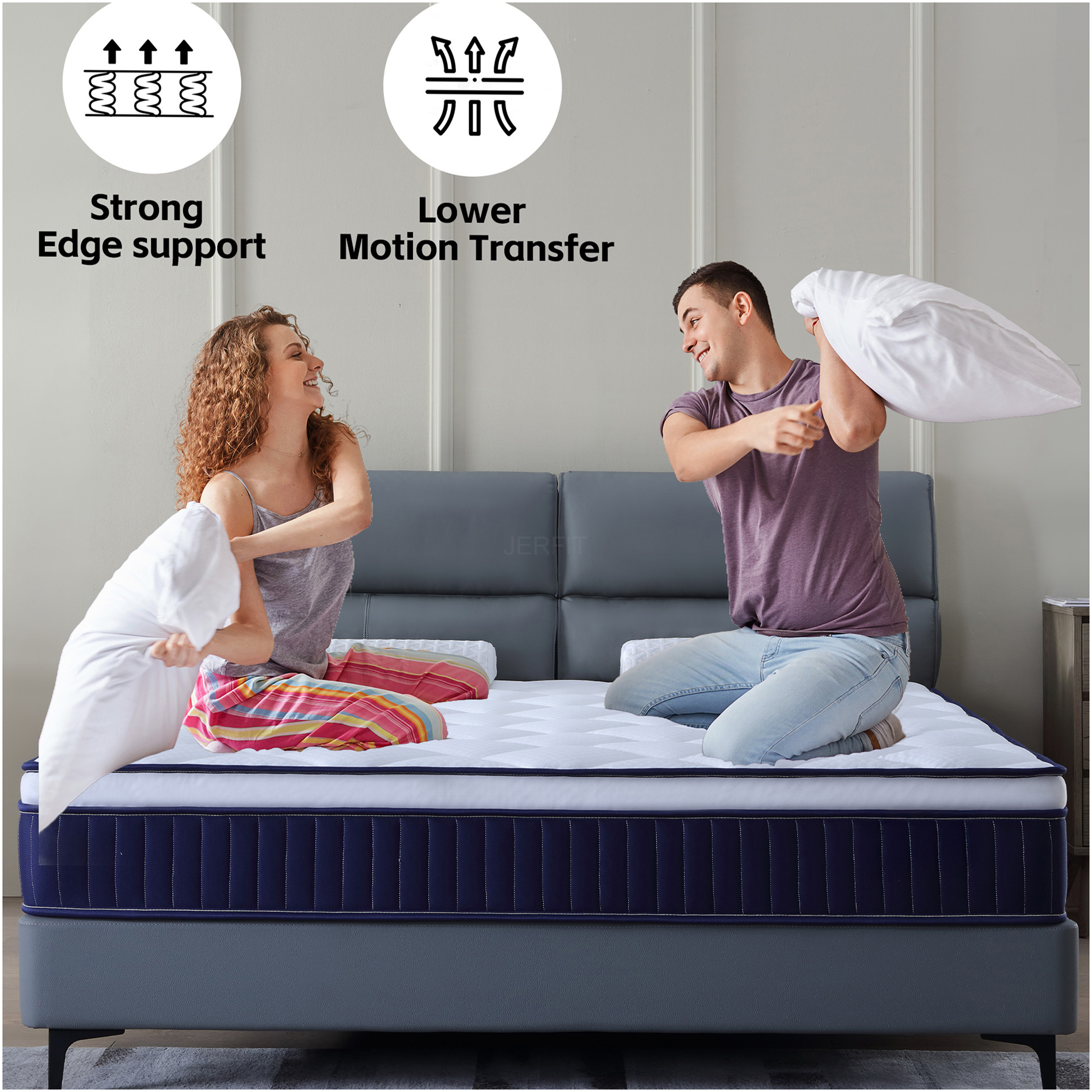 JERFIT 10 Inch Hybrid Mattress in a Box - King Size, Medium Firm Gel Memory Foam Pocket Springs, CertiPUR-US Certified, Fiberglass Free, Motion Isolation, Blue+Brown+White