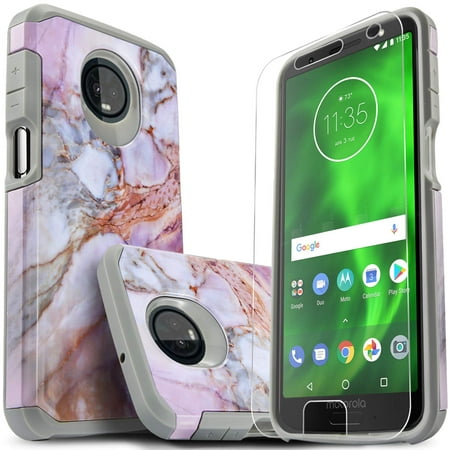 Moto G6 Plus Case, With [Premium HD Screen Protector], Heavy Duty Drop Protection Impact Advanced Rugged Protective Slim Fit Phone Cover- Marble Pattern