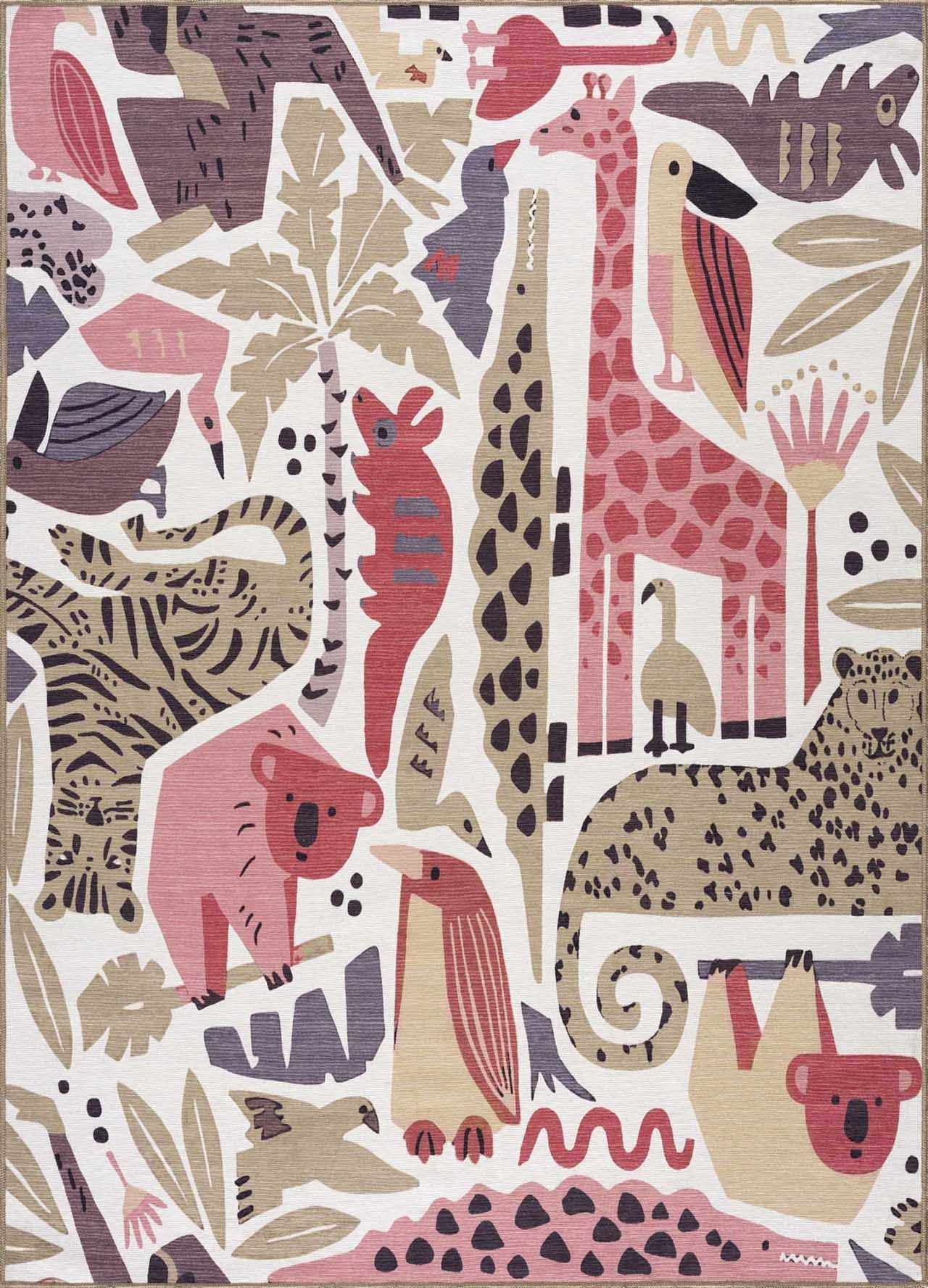 Hauteloom Natal Kids Room, Nursery Machine Washable Area Rug - Animals - Beige, Terracotta - 5'3" x 7'3"