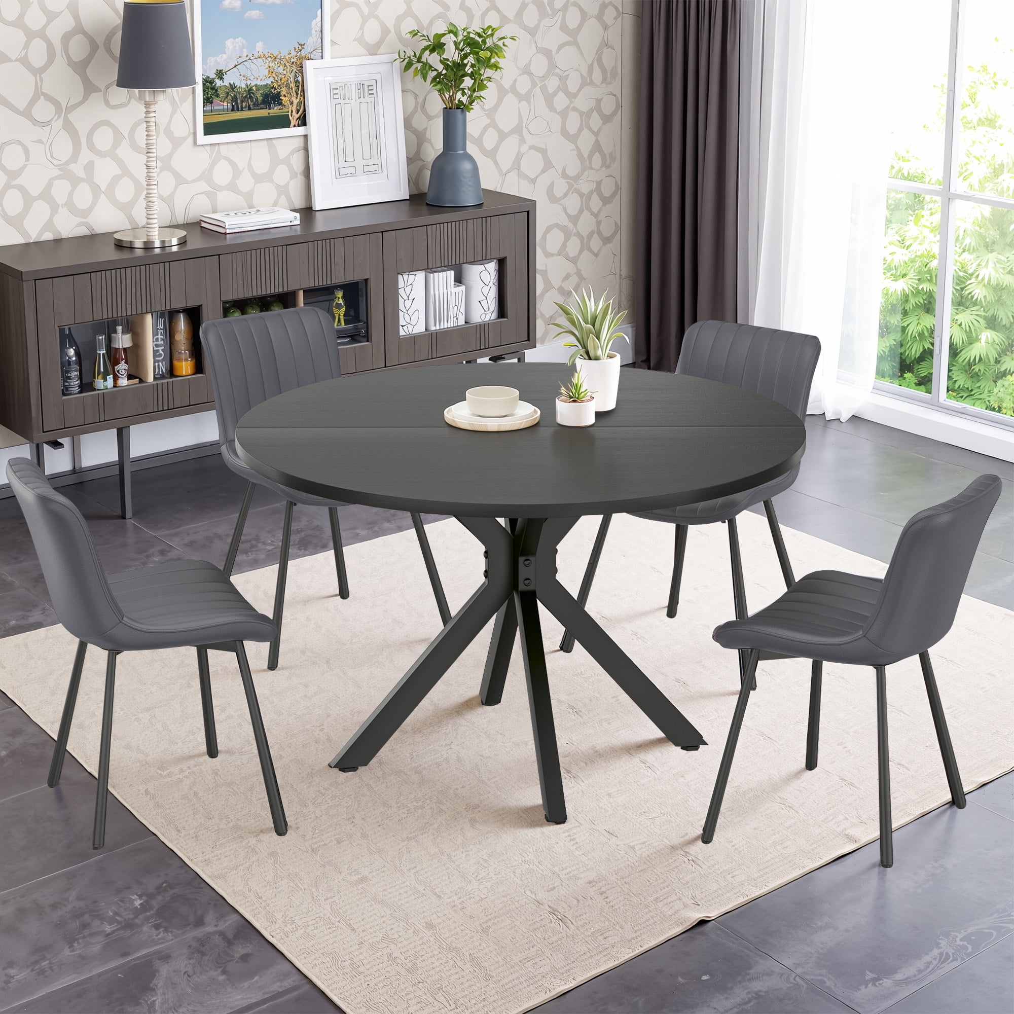 MAYEERTY 47"Round Modern Dining Table Fits 4-6, Farmhouse Style,Metal Frame for Kitchen/Dining Room, Black