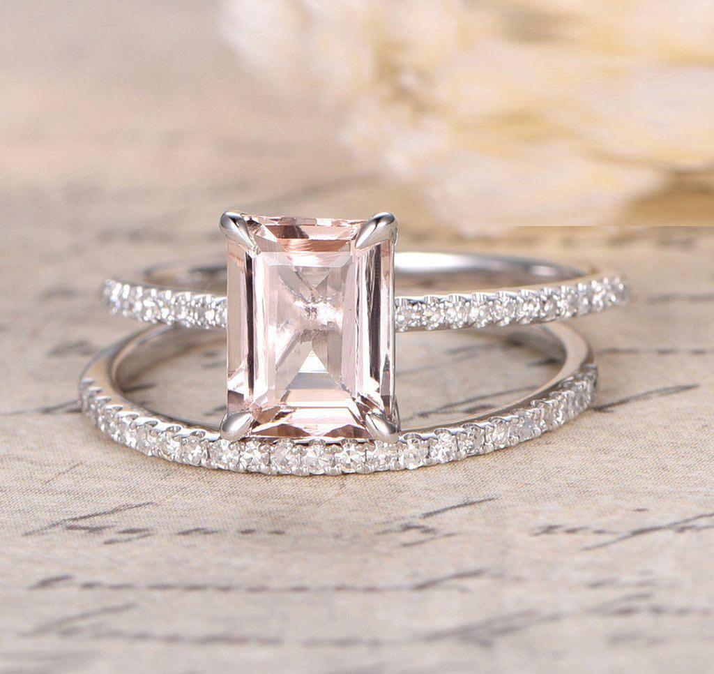 1.50 Carat Peach Pink Morganite (emerald cut Morganite) and Diamond Engagement Ring Wedding Bridal Set in 10k White Gold by JeenJewels