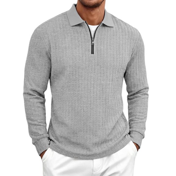 LYSMORA Men's Cable Textured Lapel Quarter Zip Long Sleeve Polo Shirt, Loose Fit Casual Business Athletic Tops
