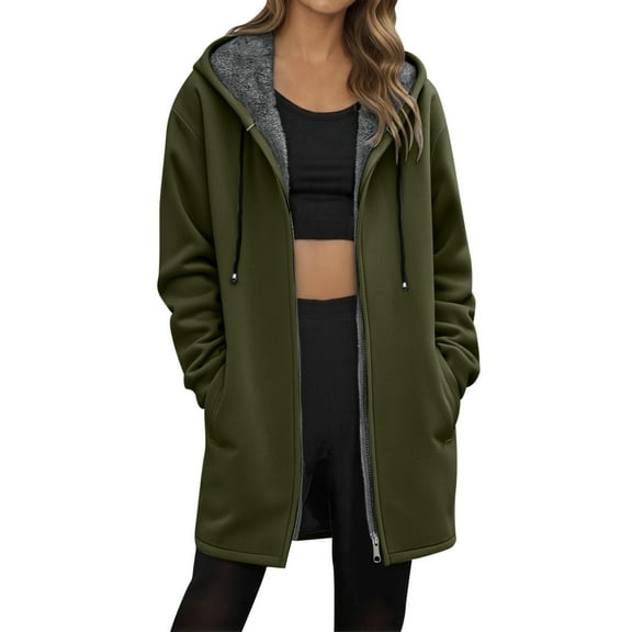 Lixiuxyad Fuzzy Hooded Jacket Women's Autumn And Winter Solid Color Mid Length Fleece Lined Zipper Jacket Green