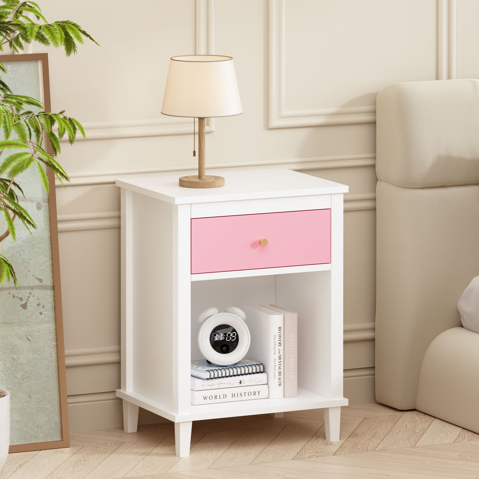 MAYEERTY 26.77" H Nightstand with Drawer & Open Shelf, Wooden Bedside End Side Table, for Kids Adults Bedroom Living Room Small Apartment Dorm