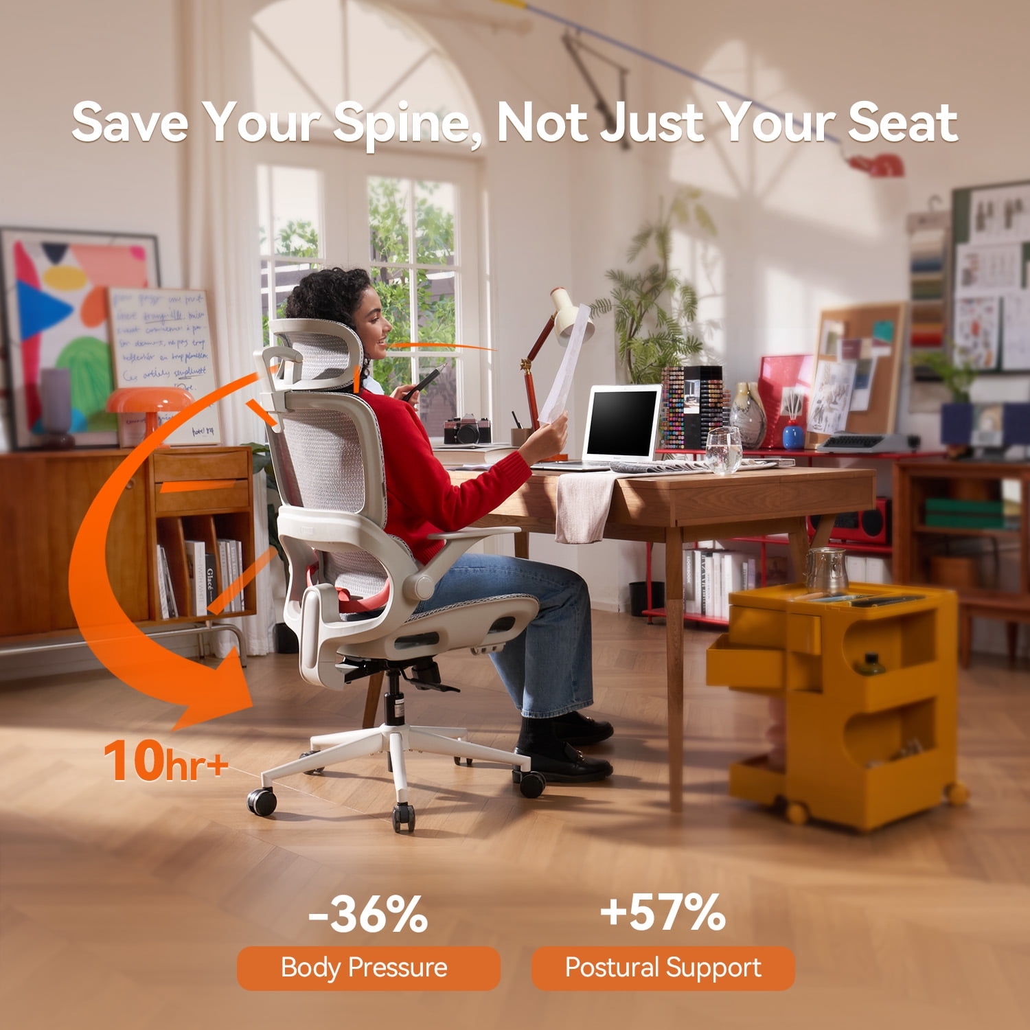 SIHOO B100 Ergonomic Office Chair, Task Chair with Zoned Back Support, 2D Wide Headrest Study Chair for Teenager, High Back Executive Chair for Home Office, White