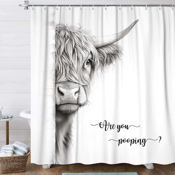 Funny Highland Cow Shower Curtain, Modern Rustic Farmhouse Cow Waterproof Bath Curtain, Cute Animal Fun Art Bathroom Decor, 72X72 INCH with Hooks