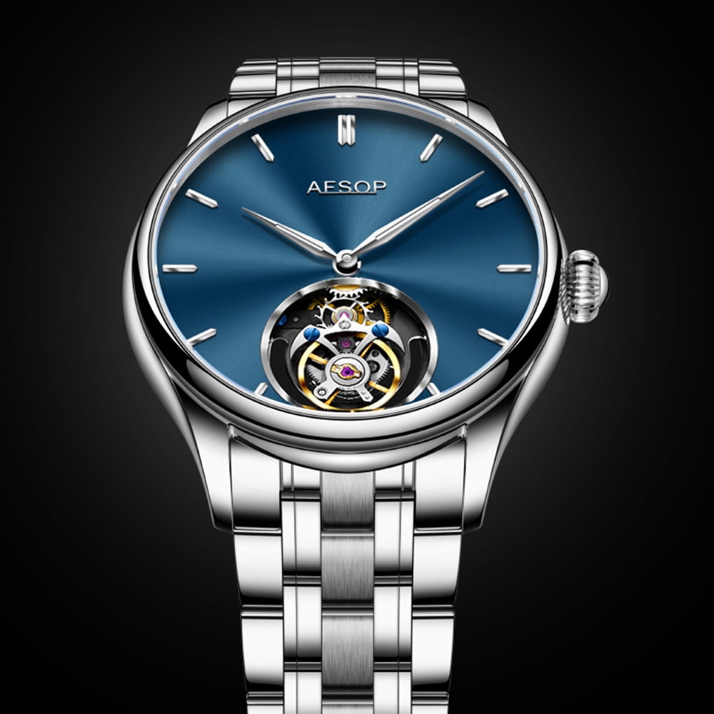 2025 AESOP 100% Tourbillon Mechanical Watch For Men Silver Steel Belt BUSINESS Fashion Mens Watches Manual Mechanical Waterproof