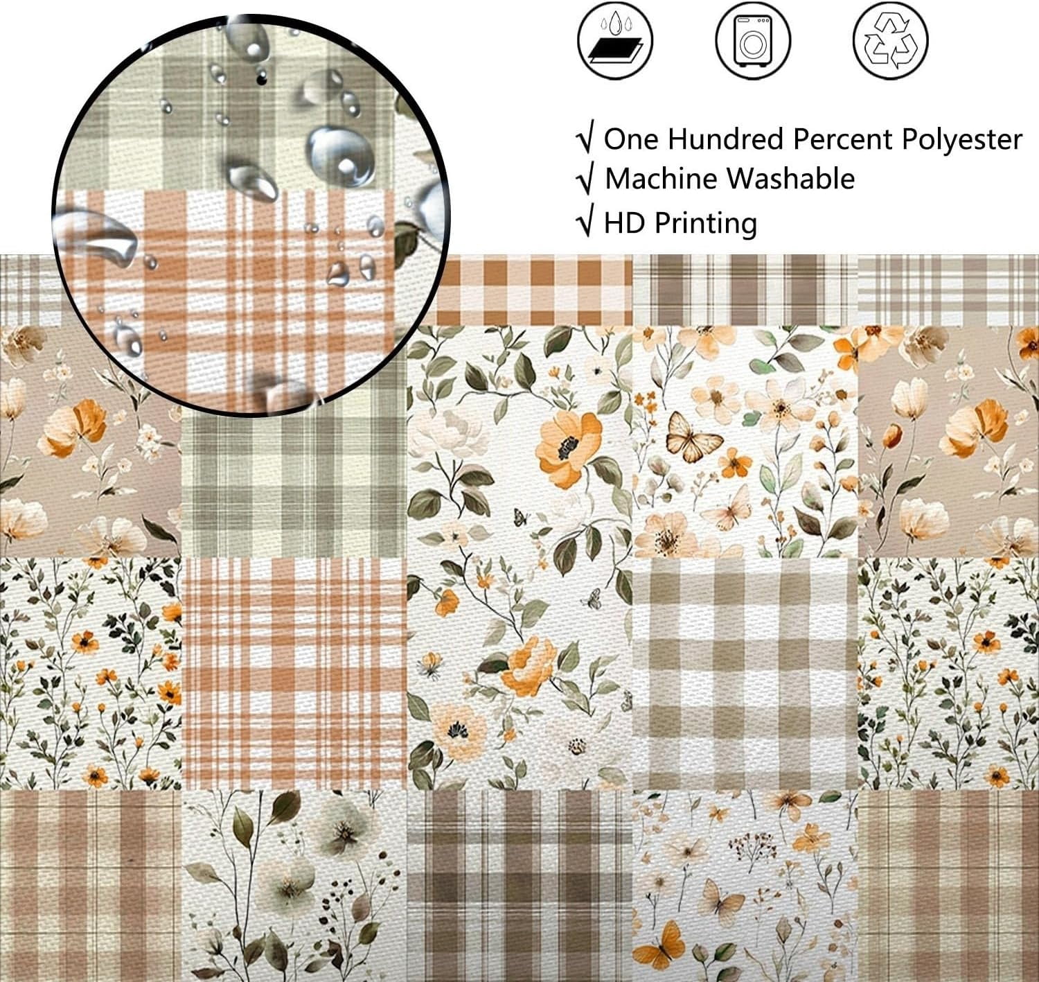 Cute Plaid Floral Shower Curtain, Boho Sage Green Flower Fabric Shower Curtains for Bathroom, Retro Pink Flower Checkered Patchwork Bath Curtain Set Washable Waterproof with 12Hooks 72X72IN
