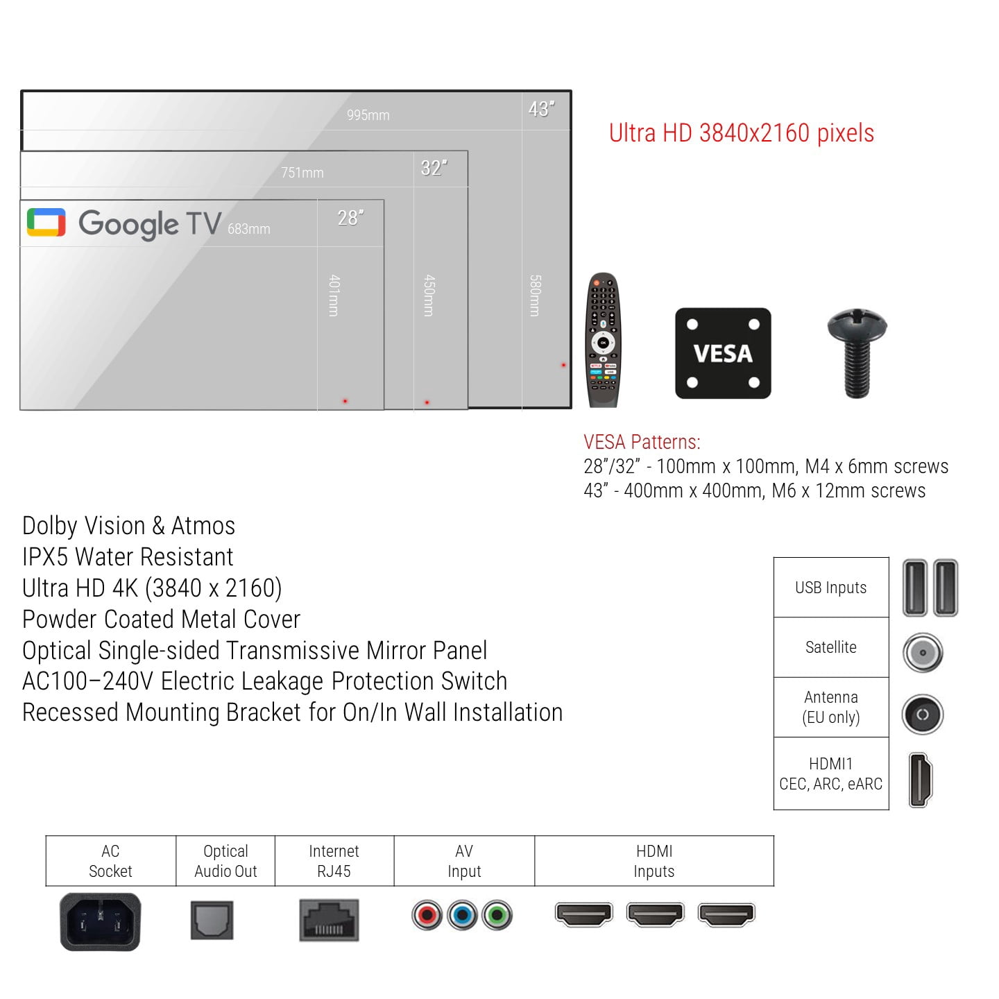 Soulaca 32 inches 4K Smart Mirror TV Wateproof Bathroom Voice Control Google System WiFi Bluetooth ATSC DTV Tuner