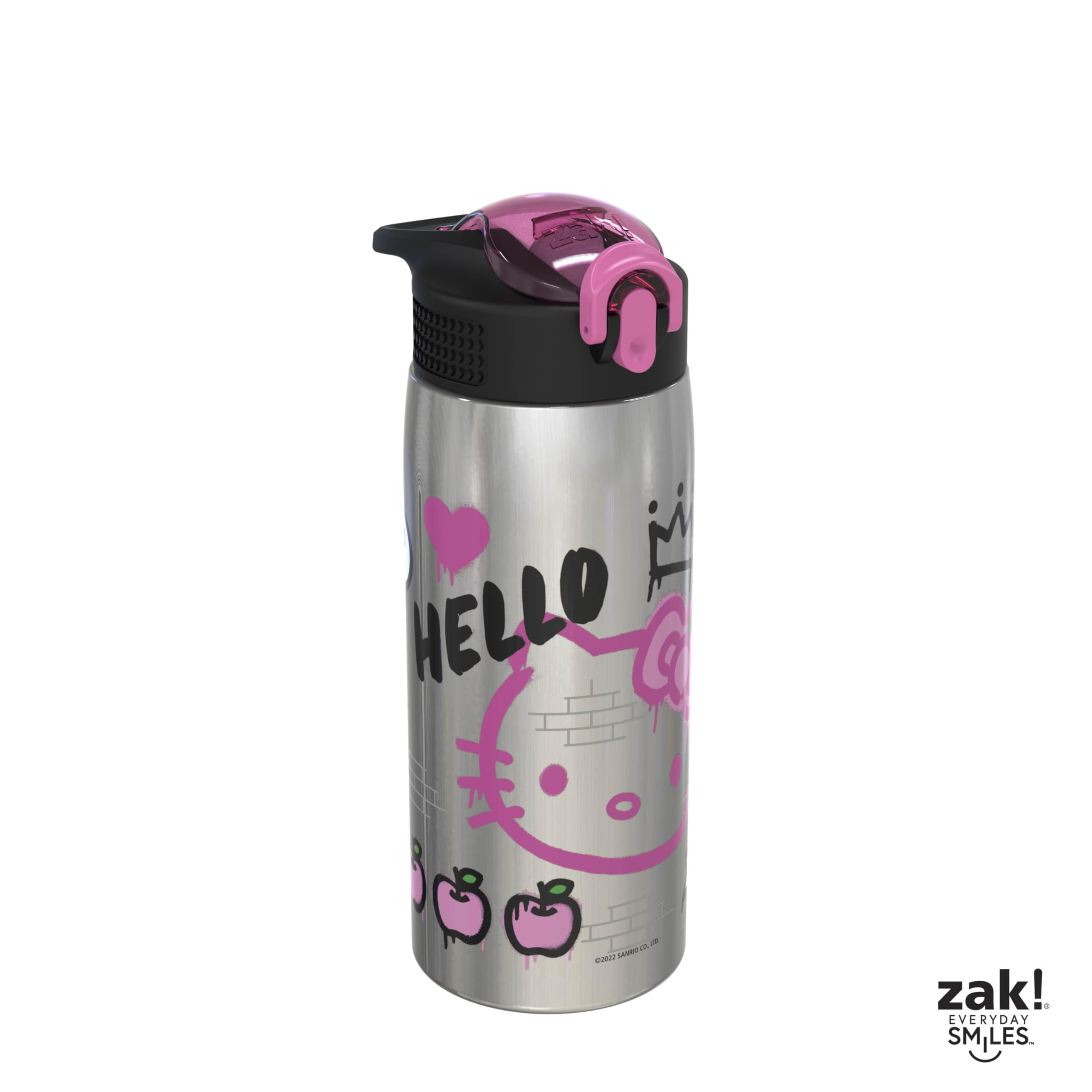 Zak Designs Sanrio Water Bottle for Travel and At Home, 19 oz Vacuum Insulated Stainless Steel with Locking Spout Cover, Built-In Carrying Loop, Leak-Proof Design (Hello Kitty)