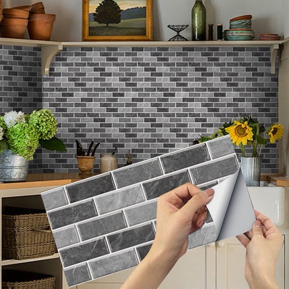 6 Pcs Waterproof Tiles Stickers Wall Decals Gray Marbling 11.8'' x 5.9'' Mosaic Brick Pattern Peel and Stick Backsplash Kitchen Decor