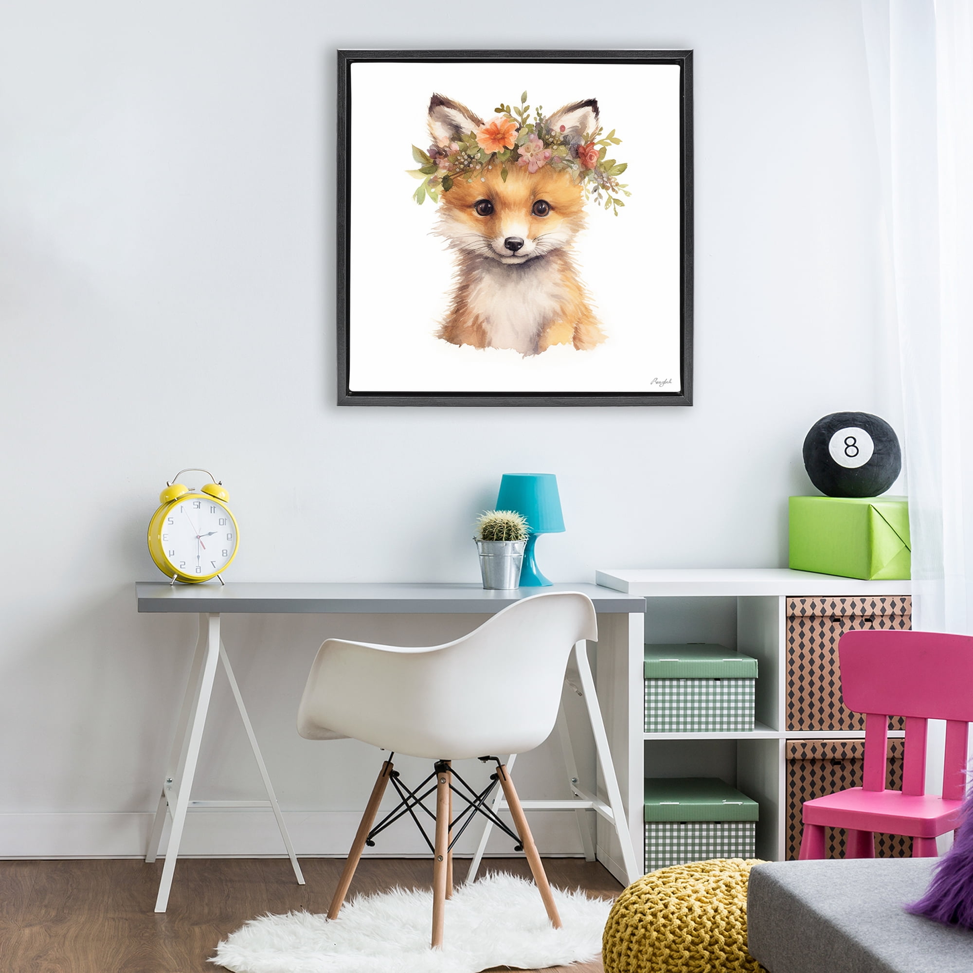 Stupell Industries Woodland Fox Flower Crown Black Framed Floater Canvas Wall Art, design by Roozbeh