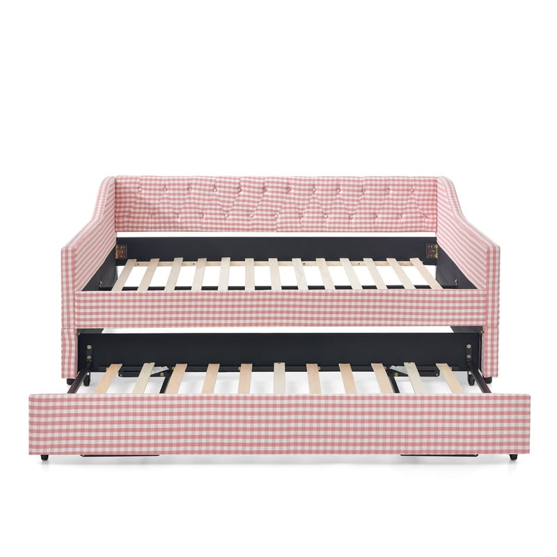 Full Size Daybed with Pop Up Trundle, Gingham Upholstered Daybed Frame with Tufted Button Backrest and Side Storage Pocket, Modern Sofa Bed for Living Room Bedroom
