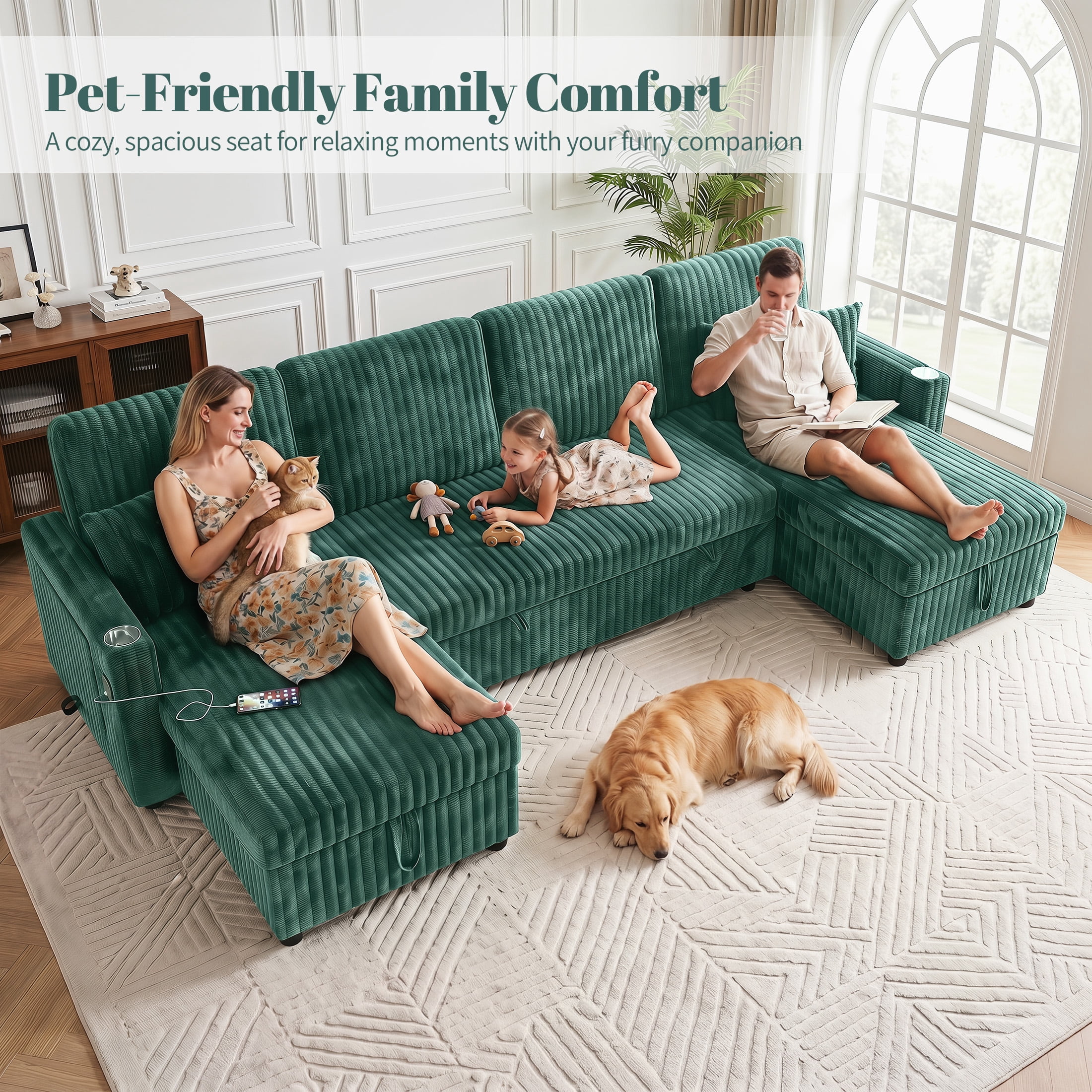 Aenkyo 110" U-Shaped Sleeper Sofa with Pull Out Bed, Storage Chaises and USB, Green