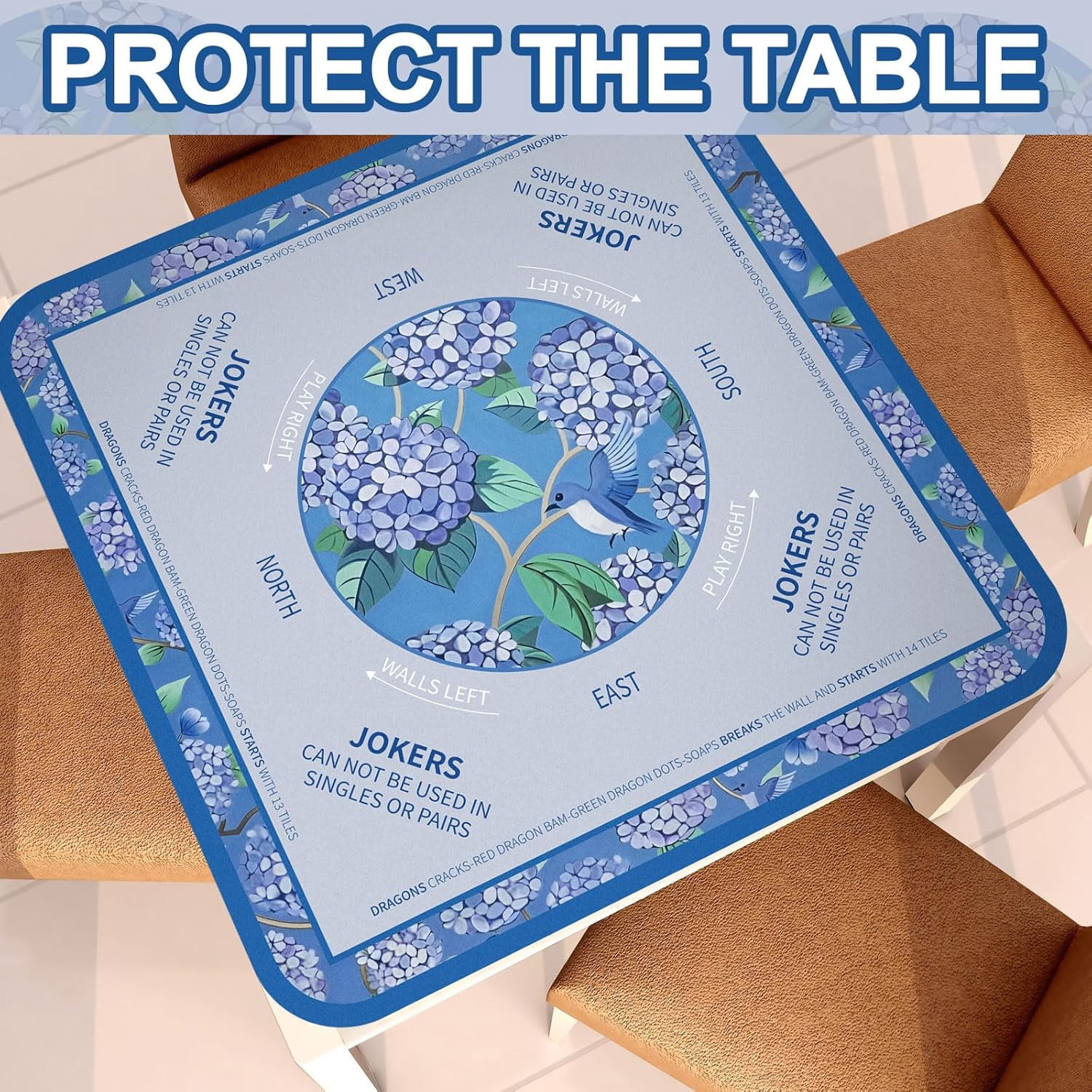 Tegeme Chinoiserie Mahjong Mat 31.5" x 31.5" Hydrangeas Mat Anti Slip and Noise Reduction Multi Purpose Game Table Cover Non-Slip Noise Reduction Gaming Rug for Mahjong, Card, Board Tile Game