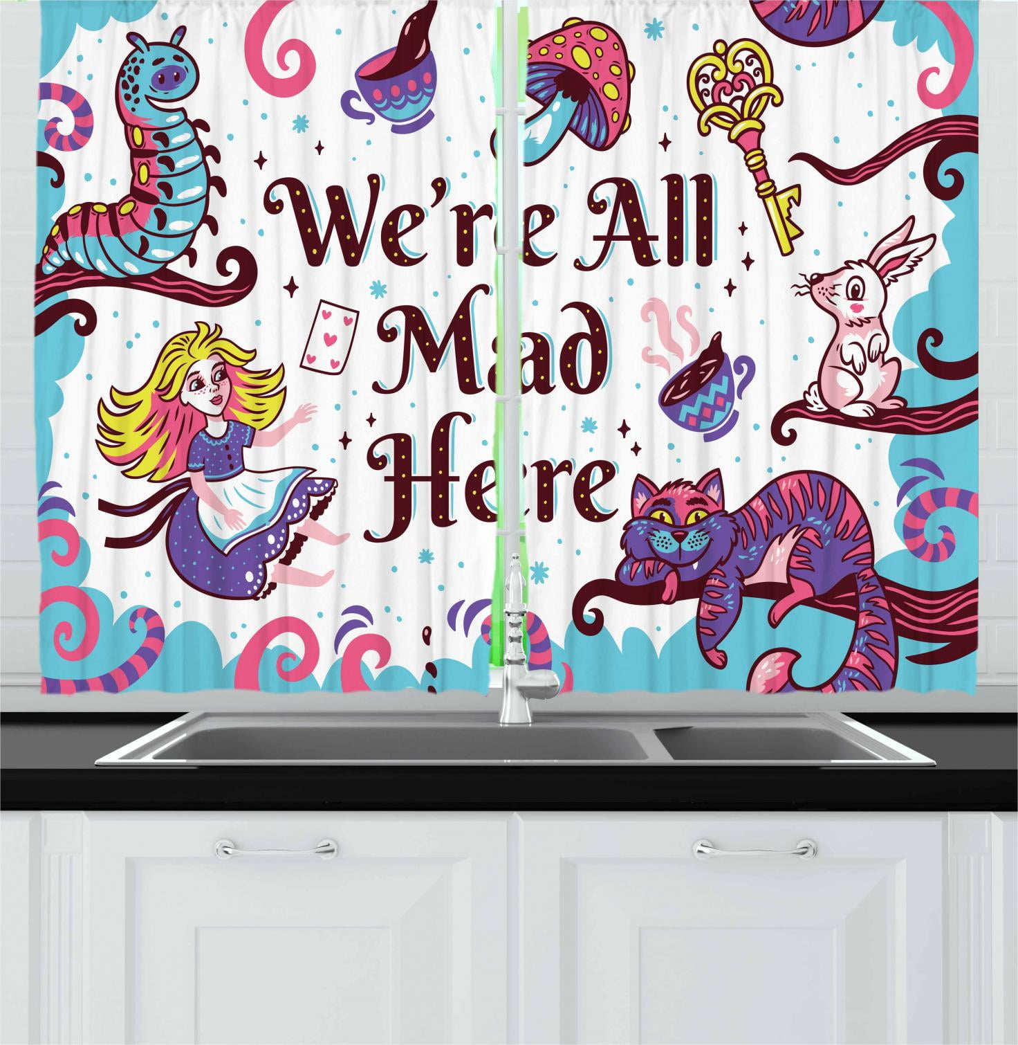 Alice In Wonderland Curtains 2 Panels Set We Are All Mad Here Quote With Caterpillar White Rabbit Cheshire Cat Window Drapes For Living Room