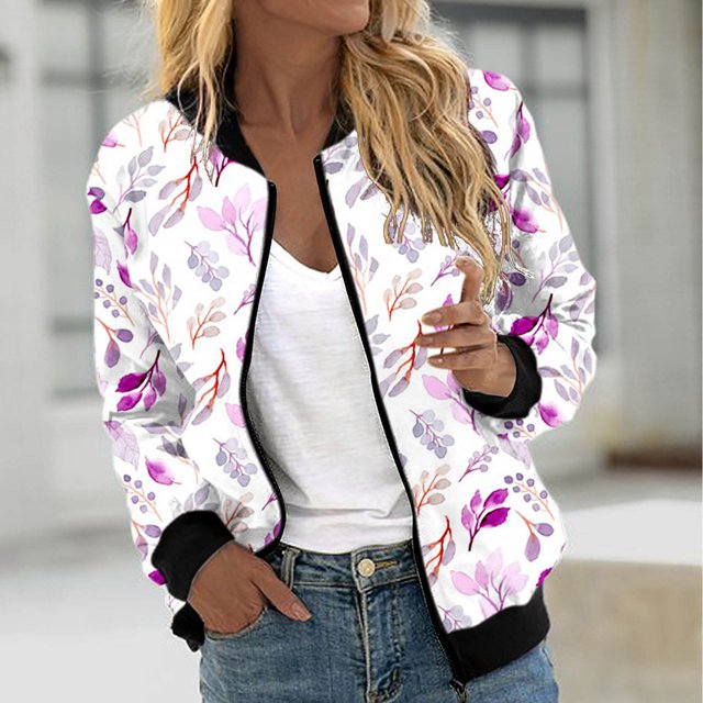 ICHUANYI Liquidación Estilo de Mujer Elegante Cuello Alto Bolsillo Cremallera Estampado Floral Manga Larga Abrigo Casual ICHUANYI WER202308251292