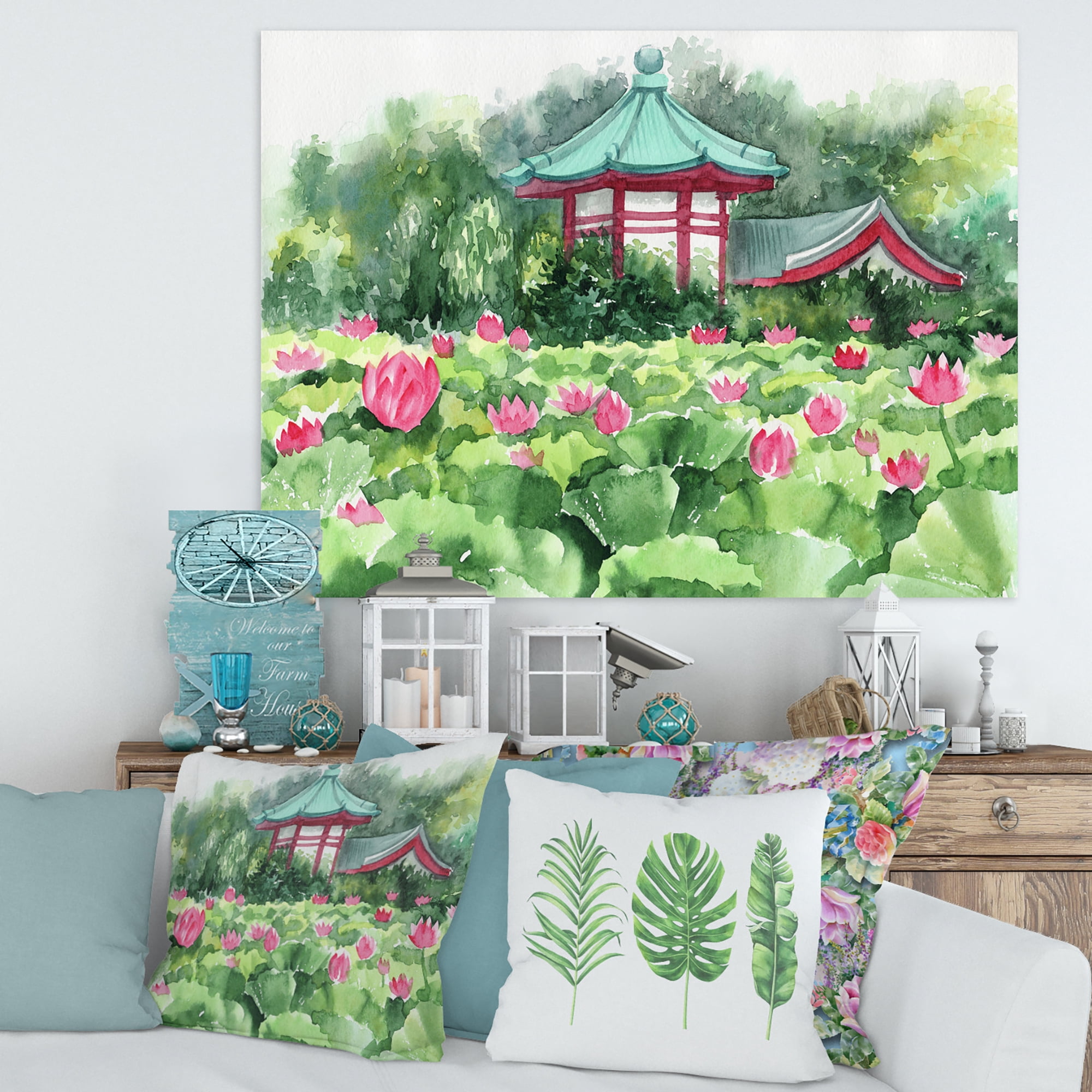 Designart ' Pagoda and Lotus Lake ' Traditional Canvas Wall Art Print
