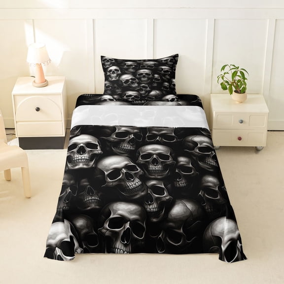 Homewish Horror Gothic Skull Twin Sheets,Halloween Themed Bedding,Gray,3pcs,1 Fitted Sheet and 1 Pillowcase
