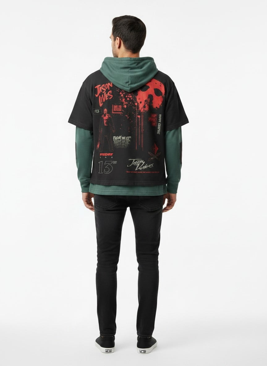Friday the 13th Men's Halloween Layered Look Graphic Tee with Long Sleeve Hoodie, Sizes XS-3XL