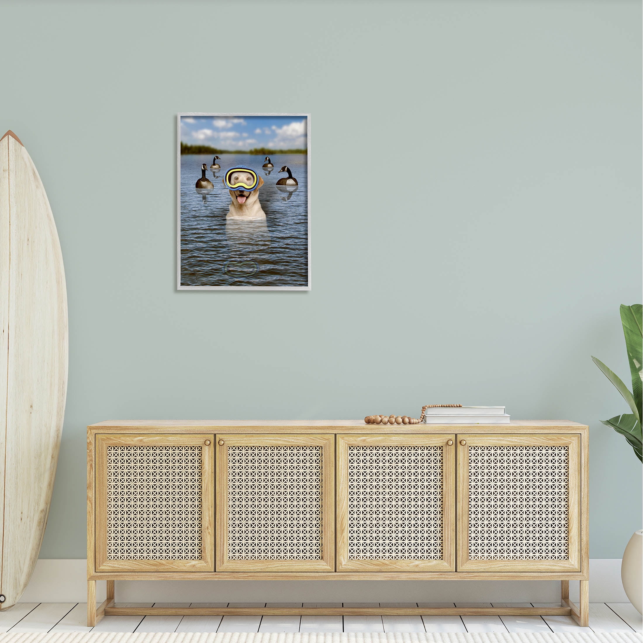 Funny Dog Goggles Swimming Bay Animals & Insects Graphic Art Gray Framed Art Print Wall Art