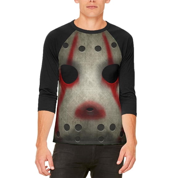 Halloween Horror Movie Hockey Mask Costume Mens Raglan T Shirt White-Black SM