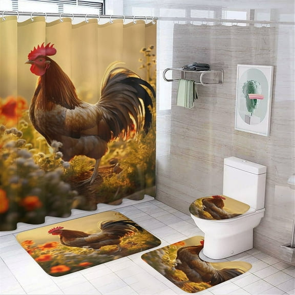 Rooster Vintage Barn Colorful Flowers 4 Piece Shower Curtain Sets, Non-Slip Rugs, Toilet Lid Cover And Bath Mat, for Bathroom Decor Set, 72" X 72"