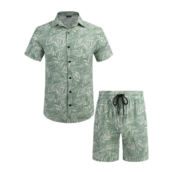 Coshow Men's Hawaiian 2 Piece Set Floral Short Sleeve Button Down Shirt and Shorts Summer Beach Outfit