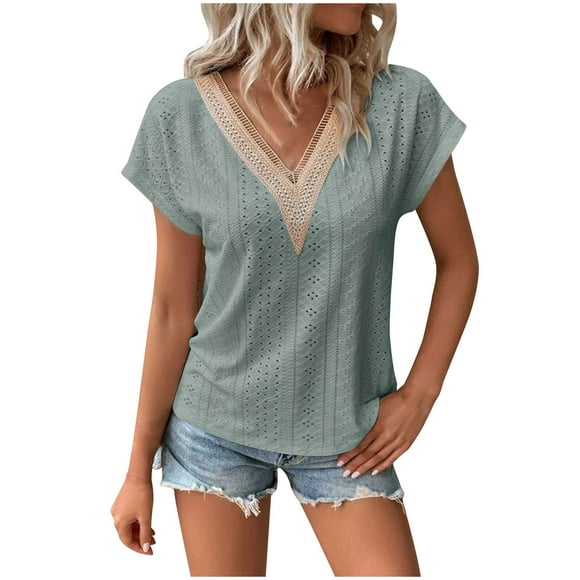 hotojiny Beach Vacation Clothes for Women Boho Trendy V Neck Short Sleeve Tops Plus Size Hollow out Fashion Stylish Shirt