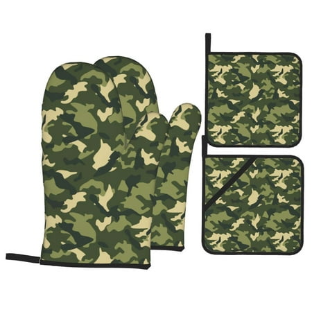 

Oven Mitts and Pot Holders Sets 4 pcs - Classic Camouflage Green Heat Resistant Silicone Oven Gloves with Non-Slip Silicone Surface and hot pads for kitchen Baking Cooking BBQ