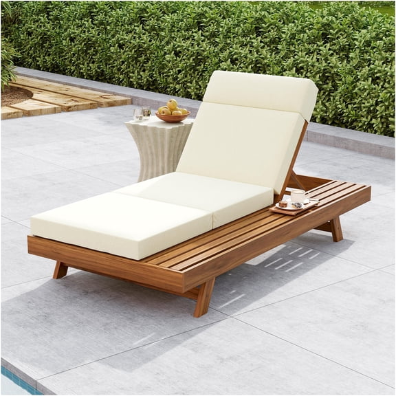 JERFIT Outdoor Folding Chaise Lounge Chair with Headrest and Cushion, Water-Resistant Acacia Wood Poolside Patio Recliner, Beige