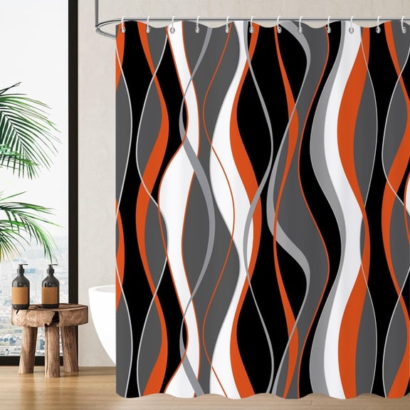 Orange Shower Curtain, Modern Abstract Orange Black Grey Striped Minimalist Art Bathroom Curtain Waterproof Fabric Machine Washable with Hooks-60"W x 72"L (Pack of 1)