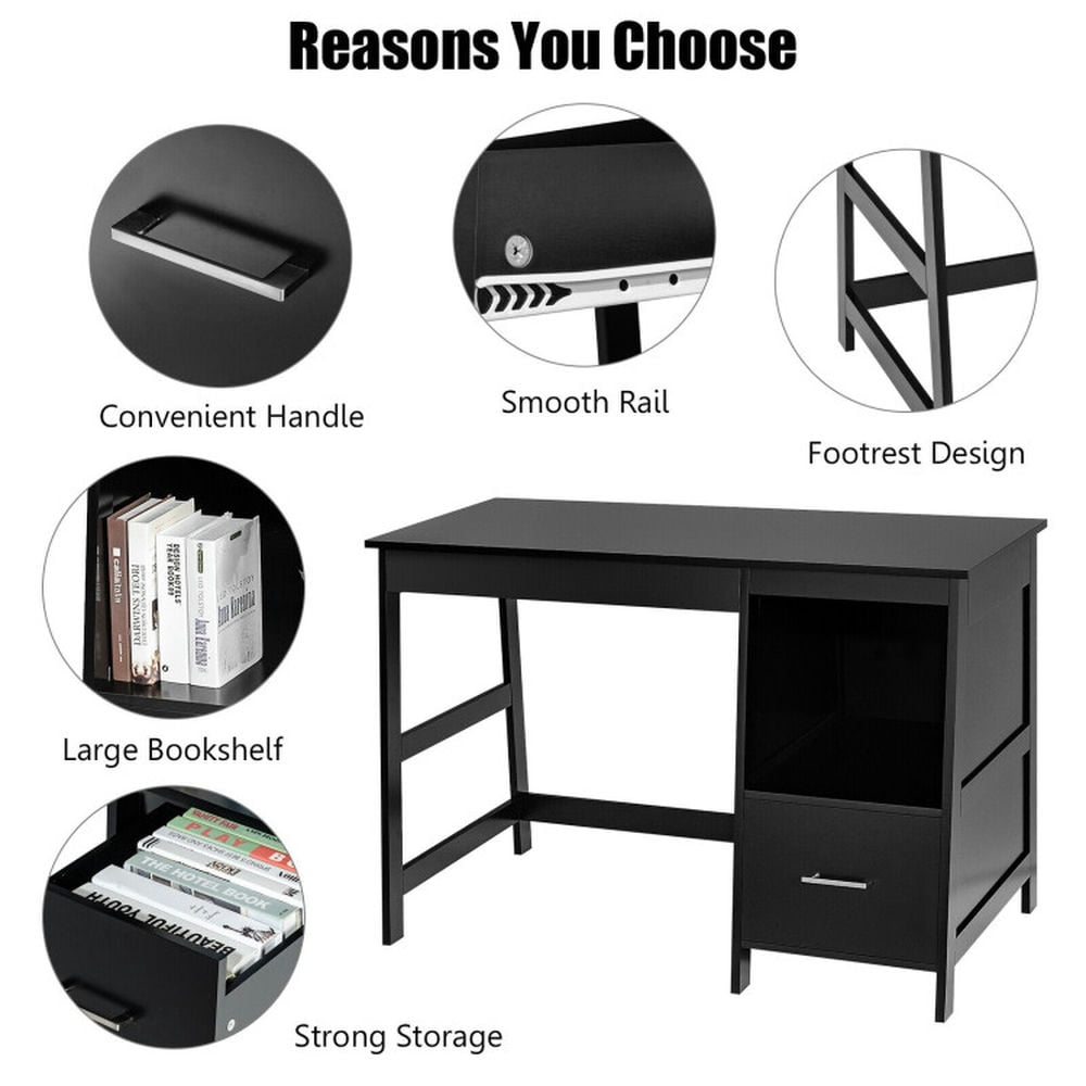 Demi Bonn 47.5" Modern Home Computer Desk with 2 Storage Drawers, Office Desk Study Writing Table, Black