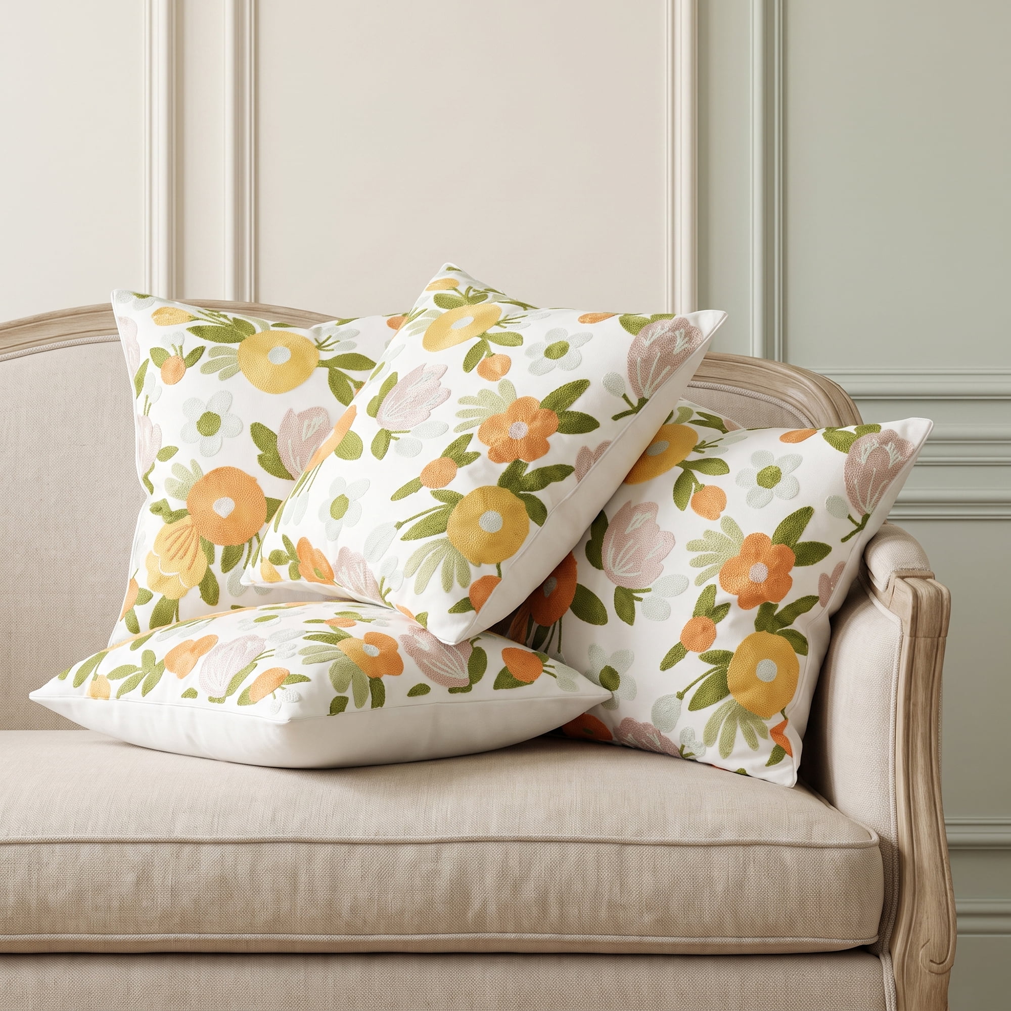 Unique Bargains Cotton 3D Embroidered Throw Pillow Cushion Cover Orange Floral 18" x 18"