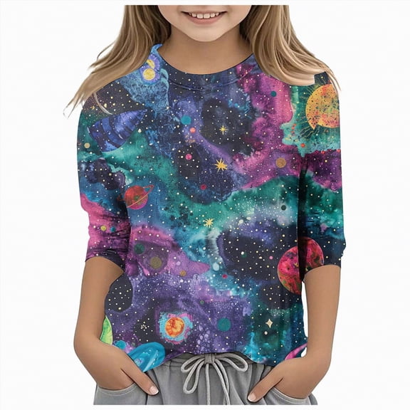 Taybagh Girls Shirts Size 10-12 Crew Neck 3/4 Sleeves Shirts for Youth Girls Vibrant Ombre Kids Clothes Soft Tees