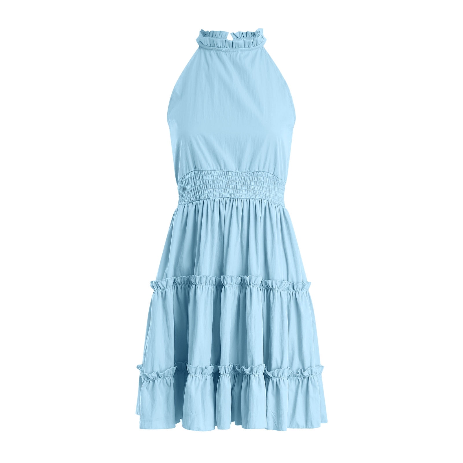 Faraee Girl's Halter Neck Sleeveless Summer Dress Smocked Waist A-line Sundress Tulle Mini Swing Pleated Skirt with 3 Layers Light Blue 8-9 Years