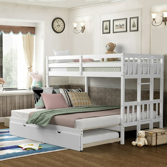 Costway Twin Over Twin Pull-Out Bunk Bed with Trundle Wooden Ladder White