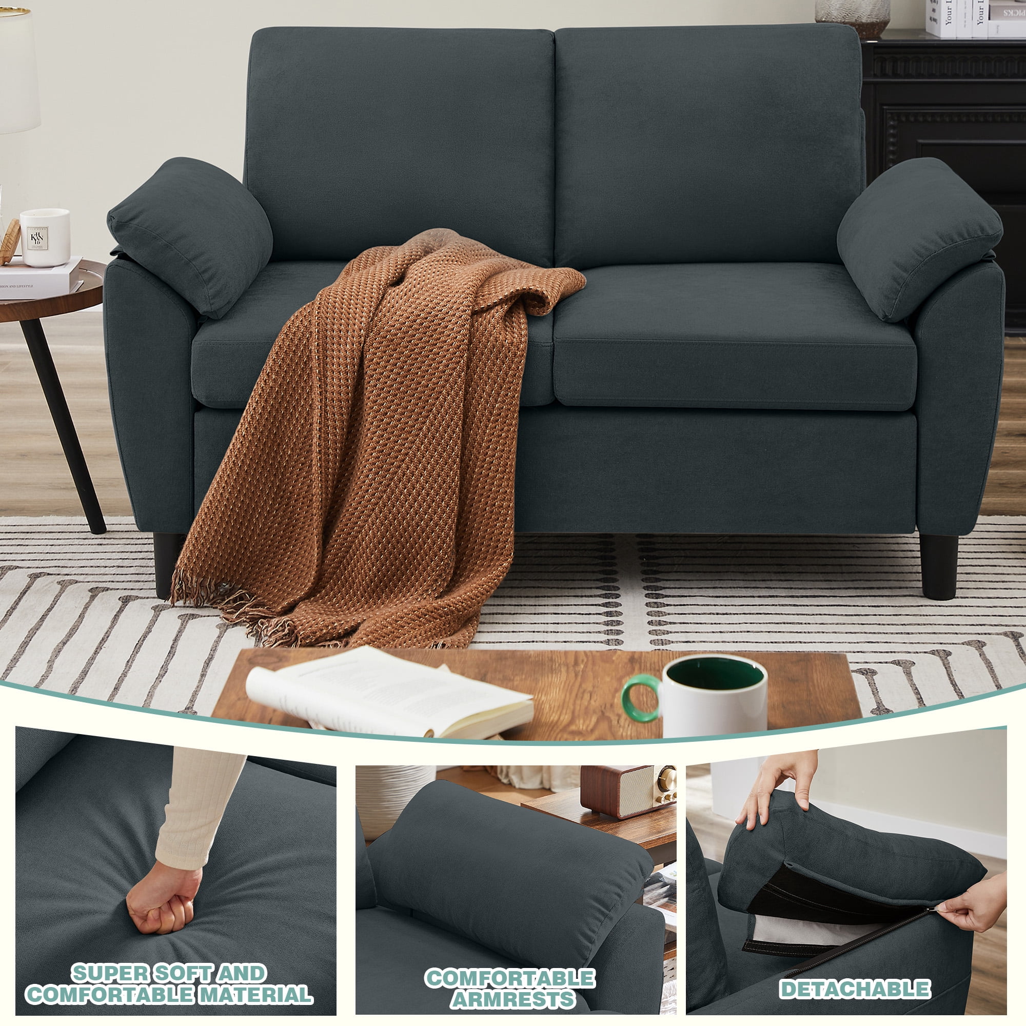 Jarenie 4 Piece Convertible Sectional Sofa Set, Modern Linen Small L Shaped Couch with Reversible Chaise, 3-Seater Sofa & Loveseat & Armchair for Living Room, Office, Apartment, Dark Grey