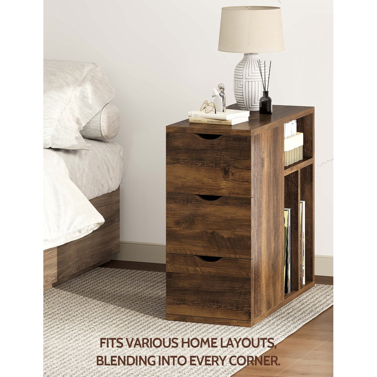 Vividwood Narrow End Table with 3 Drawers and Storage Shelves for Living Room, Bedroom, Brown