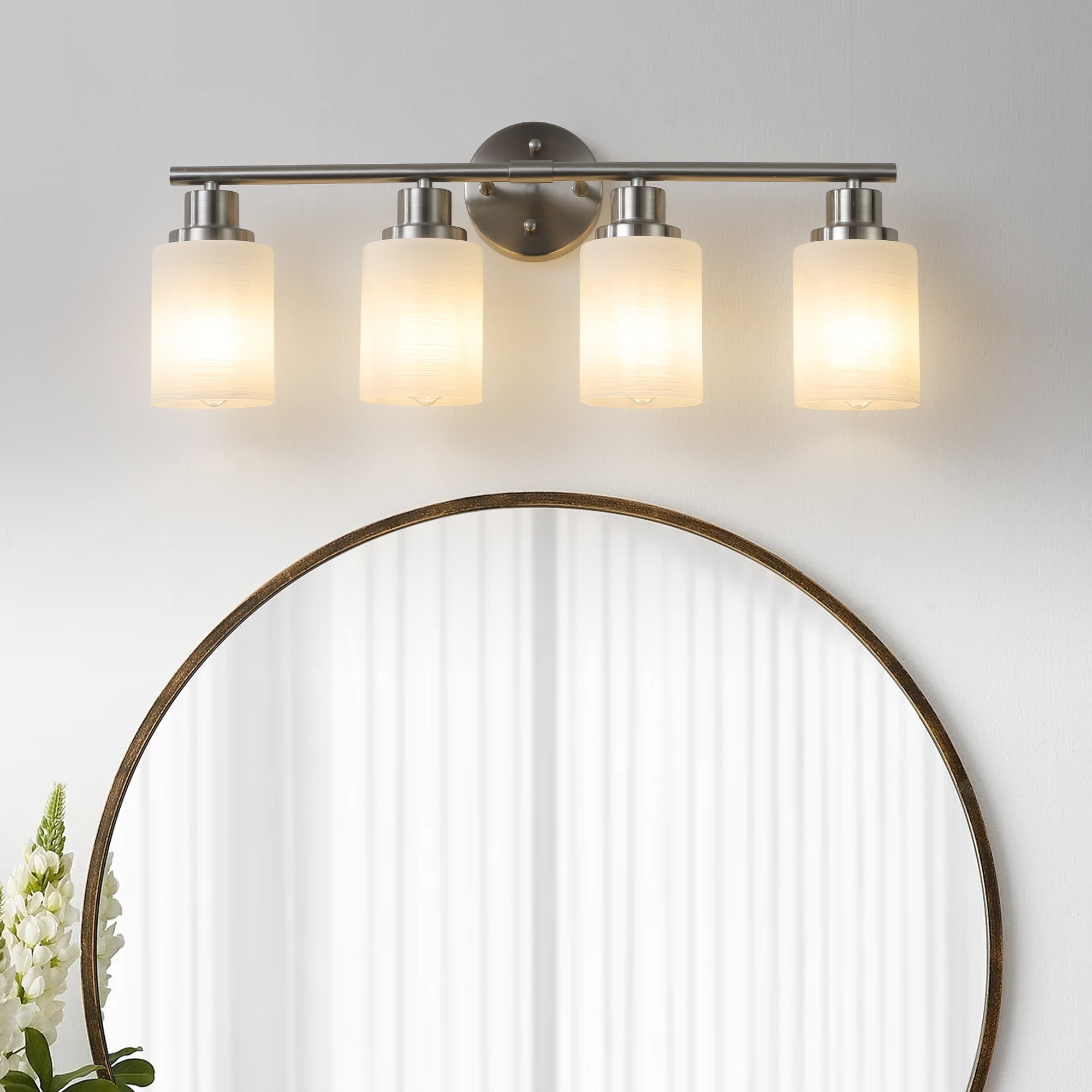 Modern Bathroom Light Fixtures Over Mirror, 4-Light 24.4in Vanity Lights ,Milky White Glass Shades, Wall Sconces Brushed Nickel