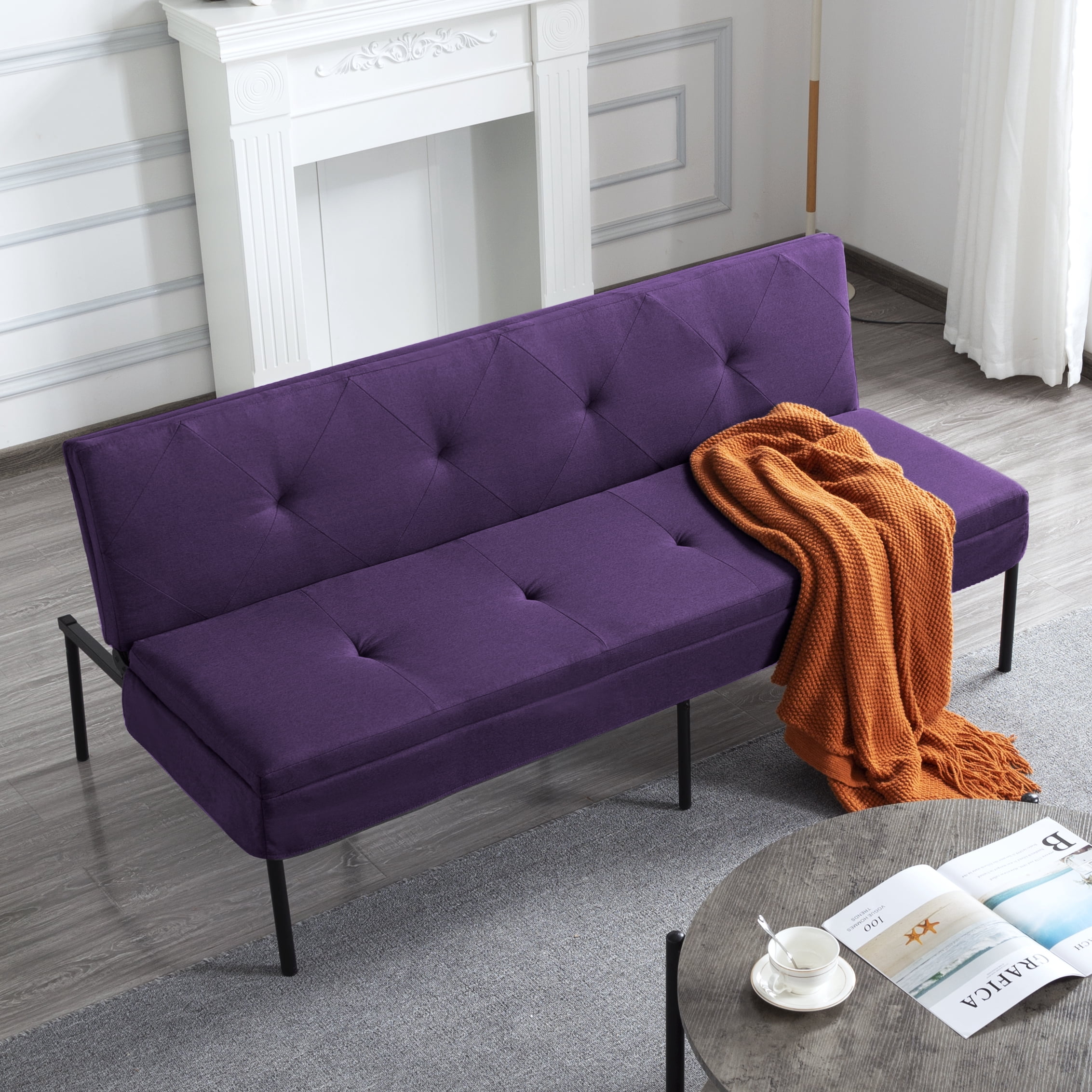 BSHTI 63.39” Futon Sofa Bed, 5 Adjustable Positions, Iron Frame with Black, Polyester Fabric, Convertible Sleeper for Living Room Office, Small Spaces,Purple