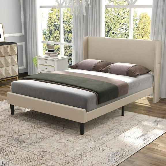 Huloretions Full/Queen/King Size Bed Frame,Upholstered Platform Bed with Wingback Headboard,Velvet Bed Frame with 2 Storage Pockets,Strong Wooden Slat Support Easy Assembly